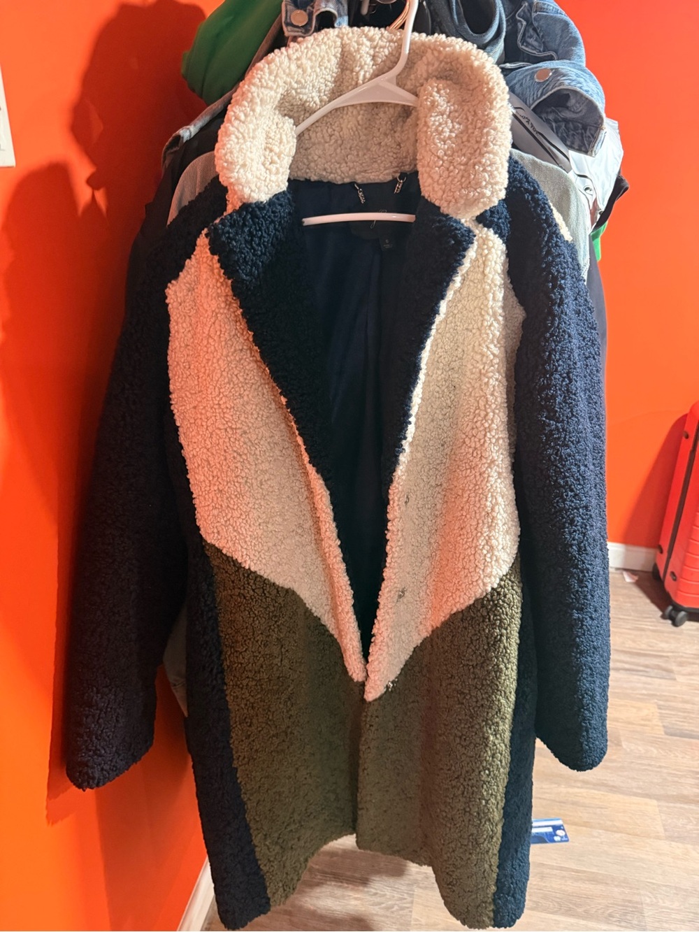 J. Crew Colorblock Sherpa Coat in Navy, Cream & Olive